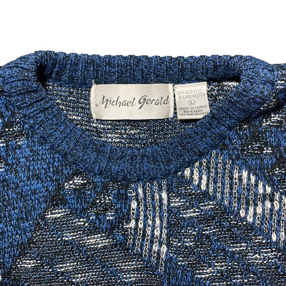 Vintage Michael Gerald Men's Knit Grandpa Crewneck Sweater Blue Black Size Large - Picture 2 of 8